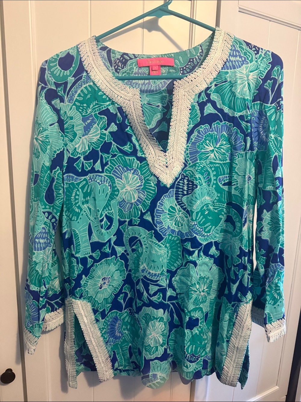 Lilly Pulitzer Teal & Blue Floral V-Neck Tunic with White sequin Trim
